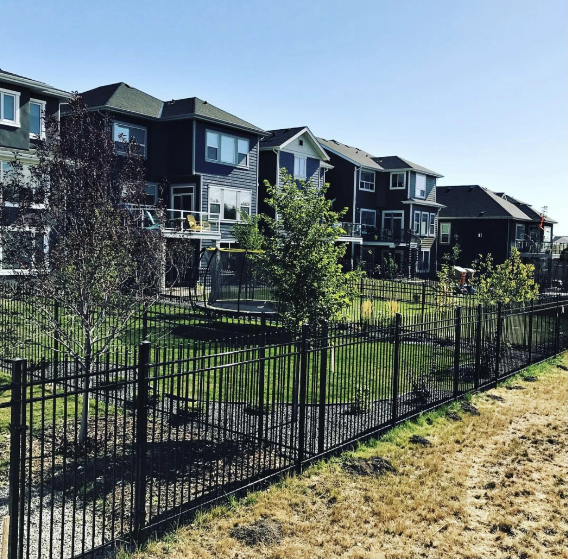 Black metal fence behind modern homes.