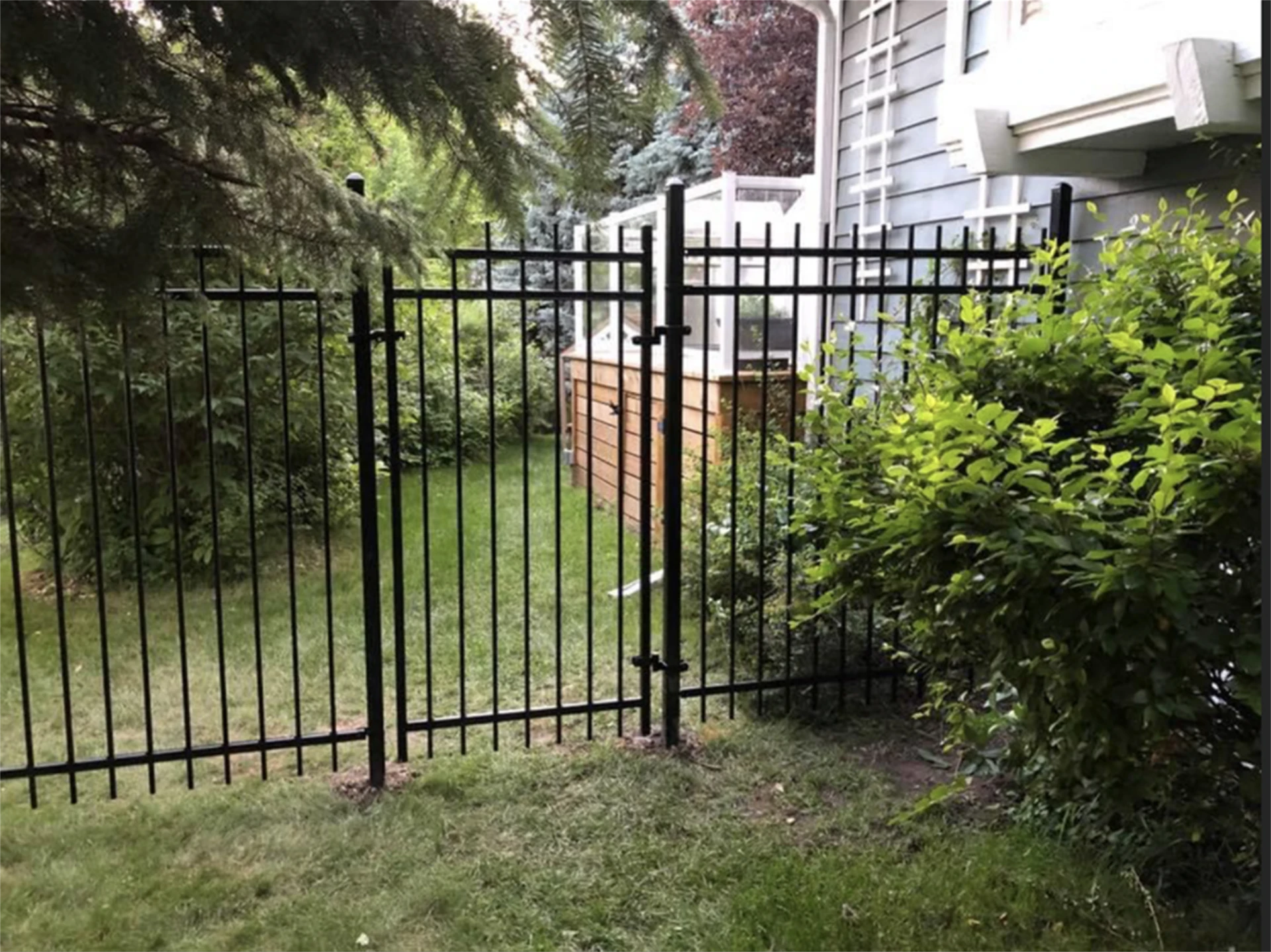 Black metal fence enclosing a grassy residential yard.