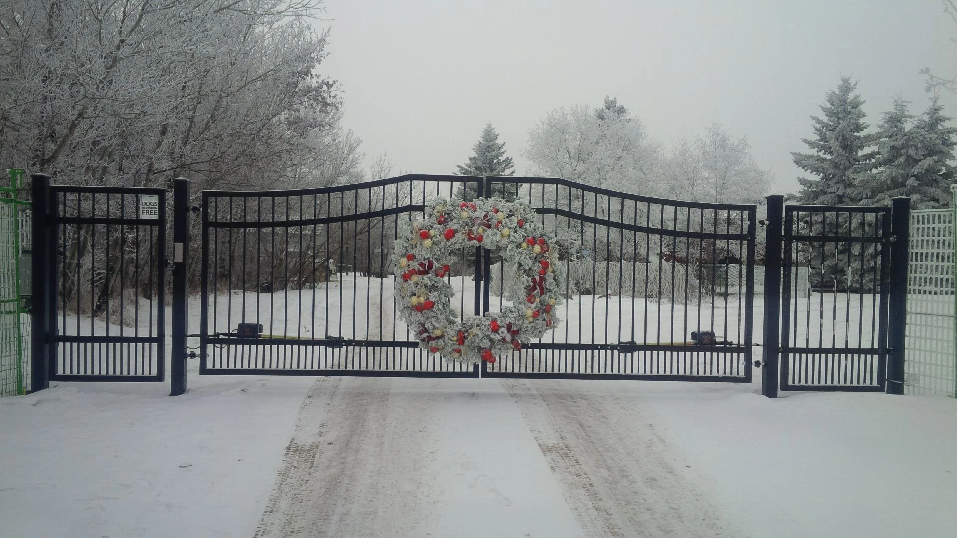Decorative black metal driveway gate in snow