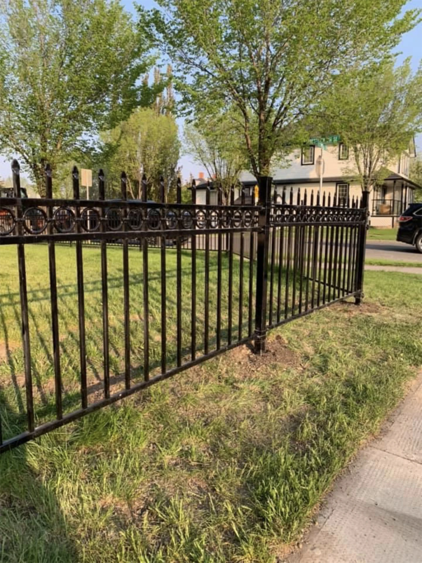 Decorative black metal fence around grassy yard.