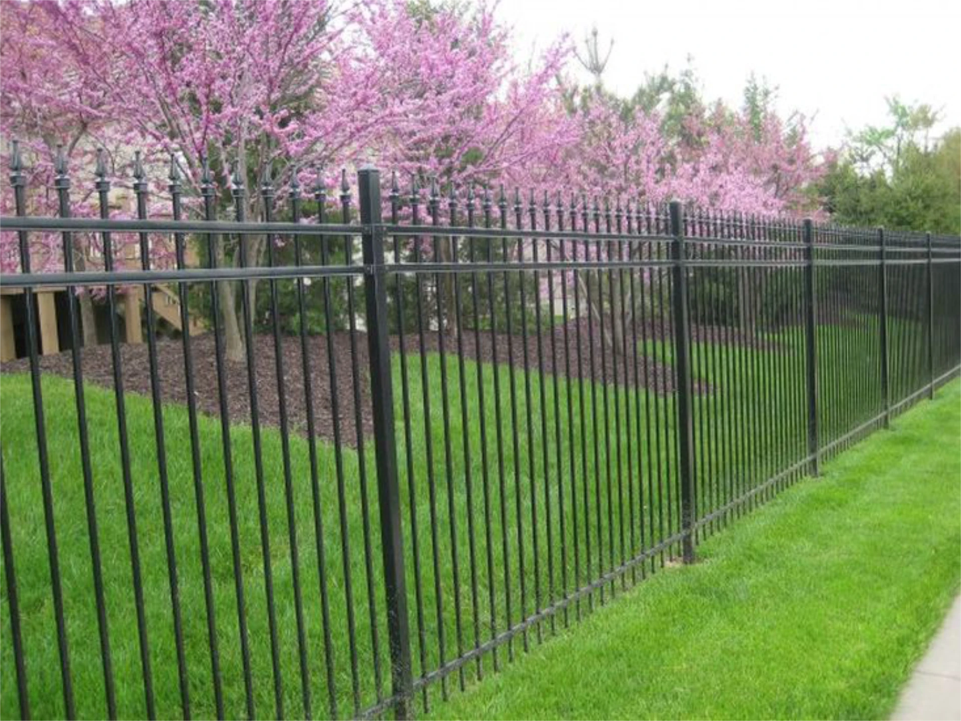 Ornamental metal fence along green lawn.
