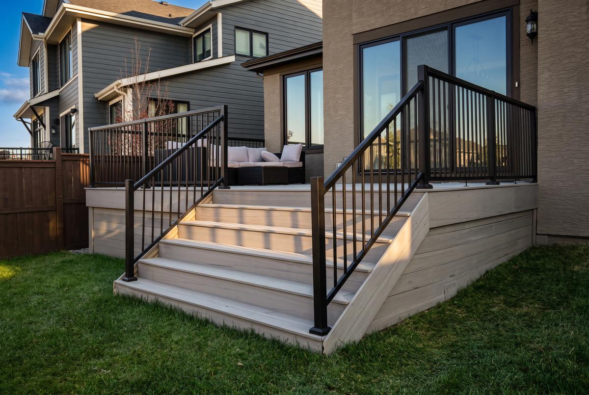 Black aluminum picket railing and handrails on composite deck stairs in Calgary, AB