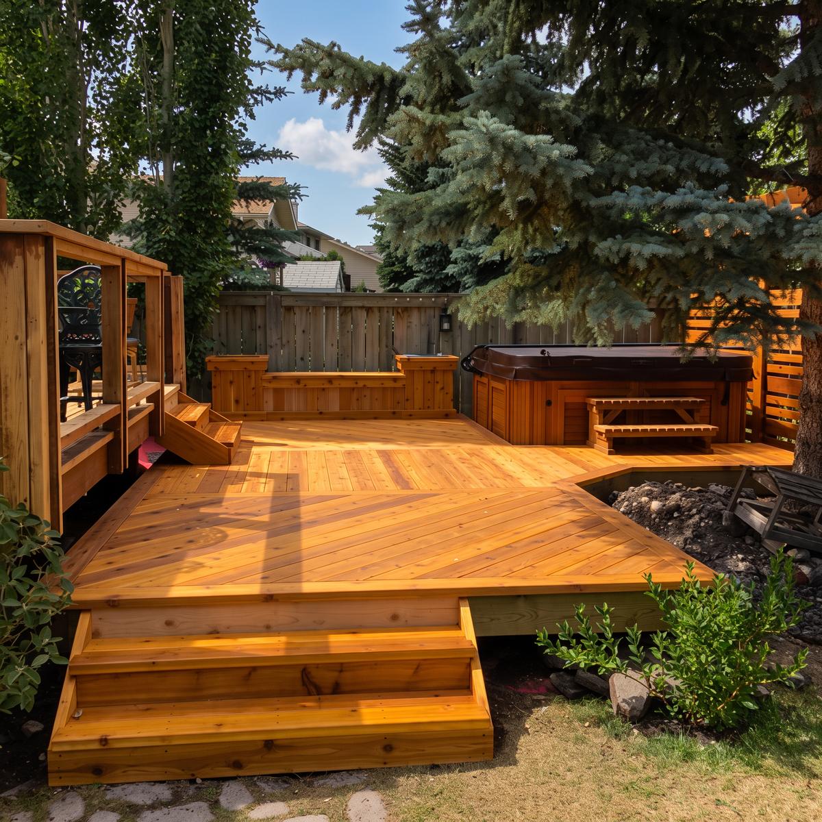 Multi-level cedar deck with hot tub and cedar privacy screen in Calgary, AB