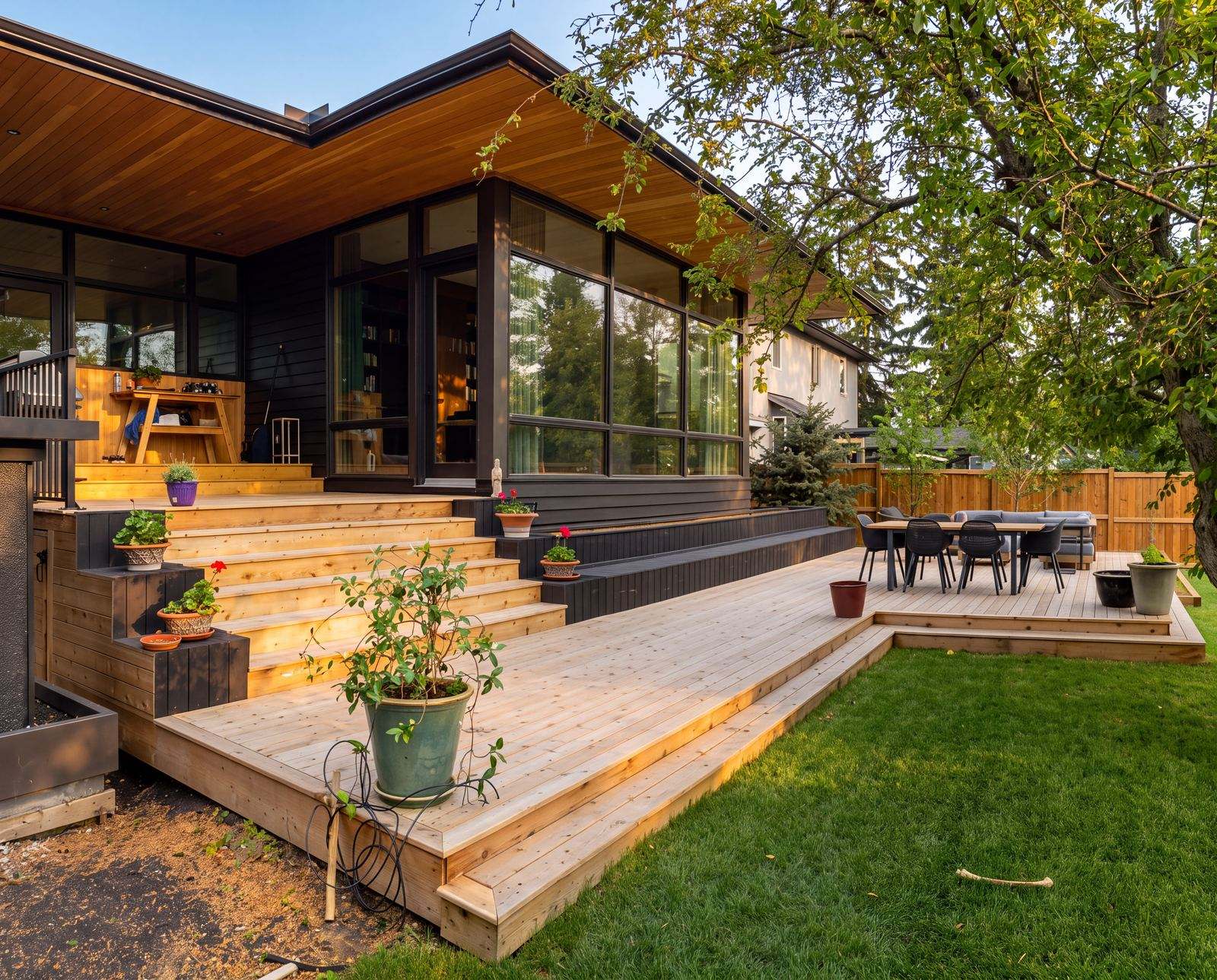 Custom cedar deck with wide stairs and dining area built in Calgary, AB