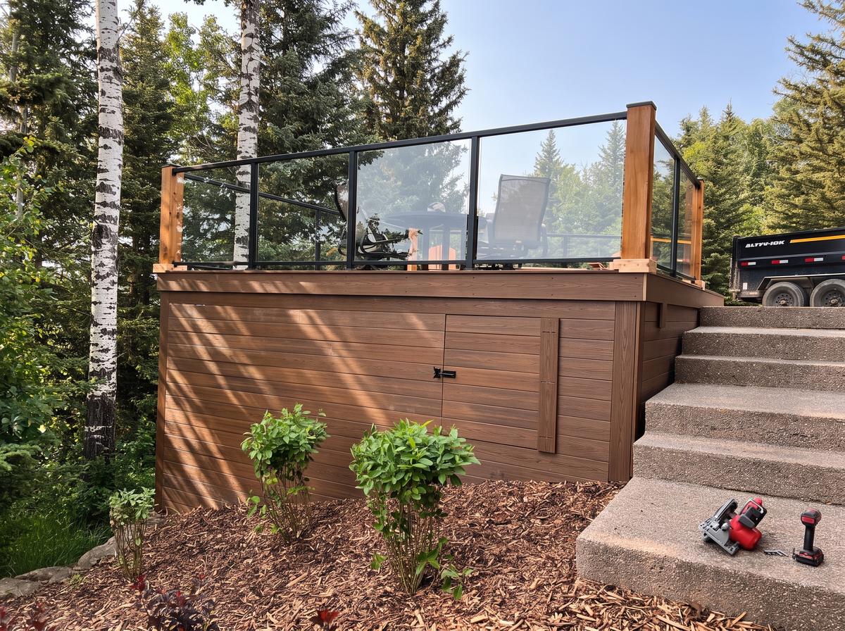 Brown composite deck with matching skirting, built-in storage doors and glass railing in Calgary, AB
