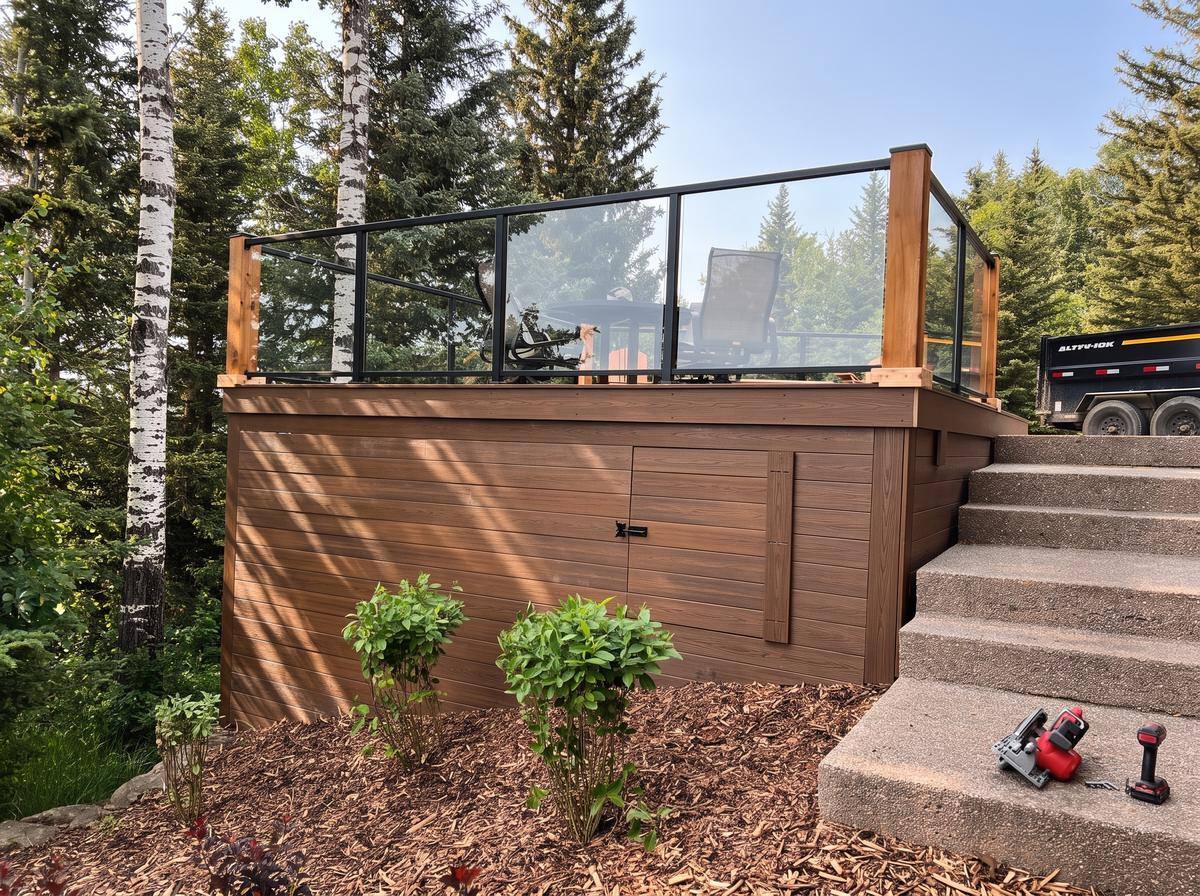 Brown composite deck with glass railing and skirting