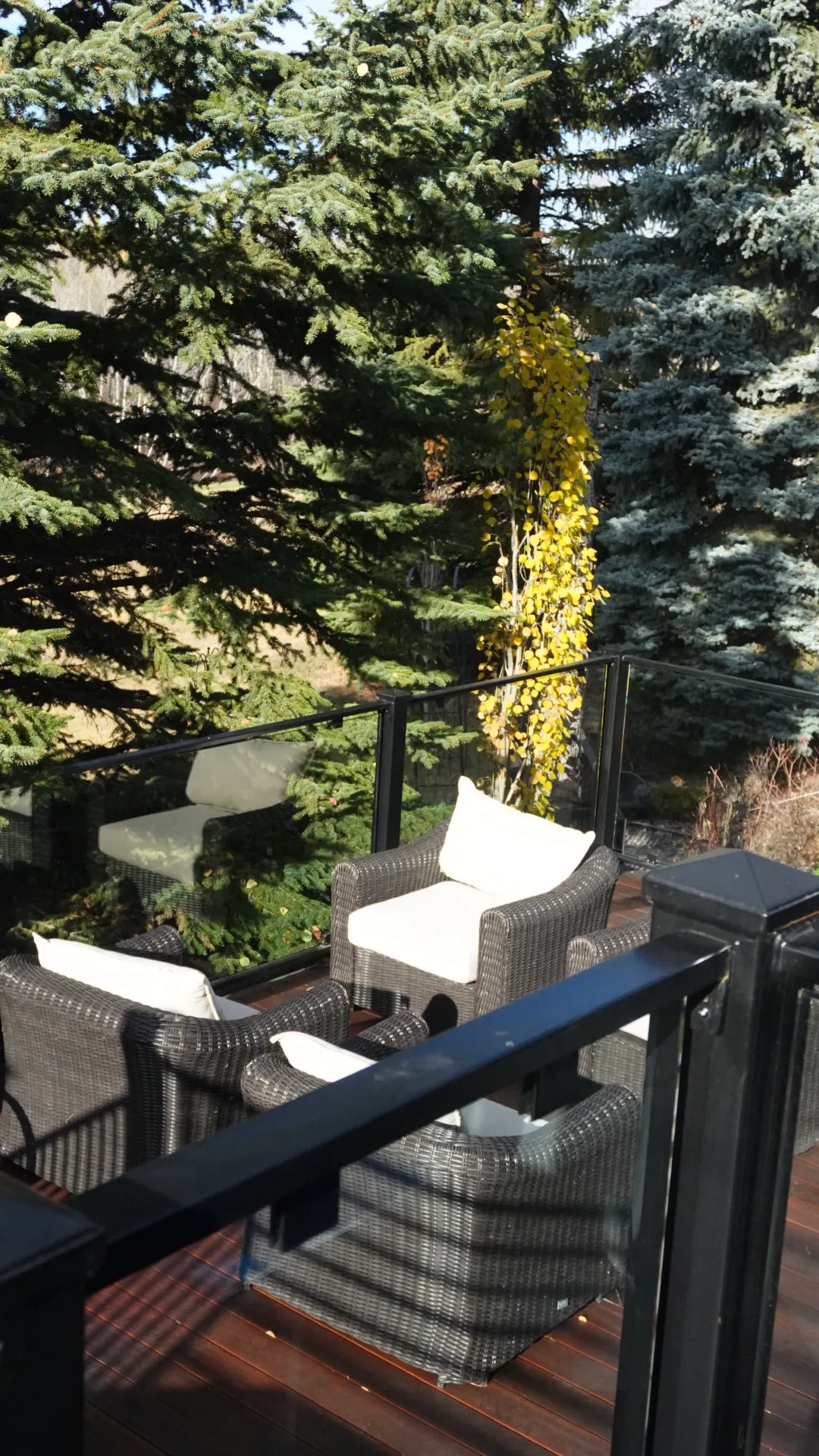 Glass deck railing and wicker lounge seating on a hardwood deck in Calgary, AB