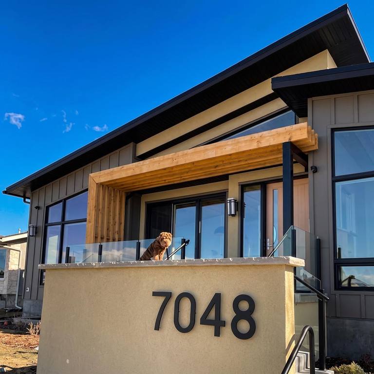 Glass railing at a modern front entry in Calgary, with a dog looking through