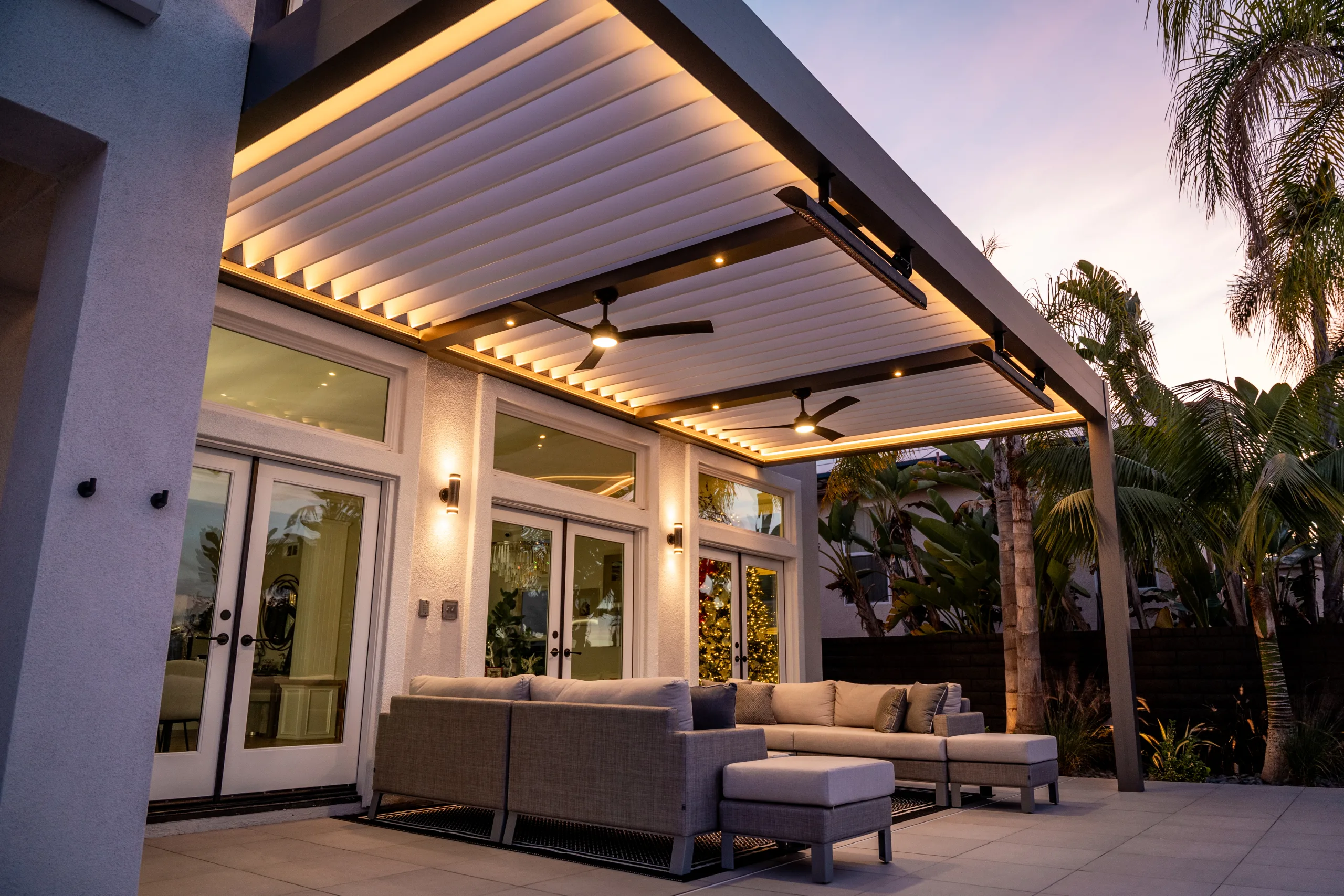 Gray bronze r blade white louvers fans recessed lights heaters pool outdoor kitchen 29 scaled