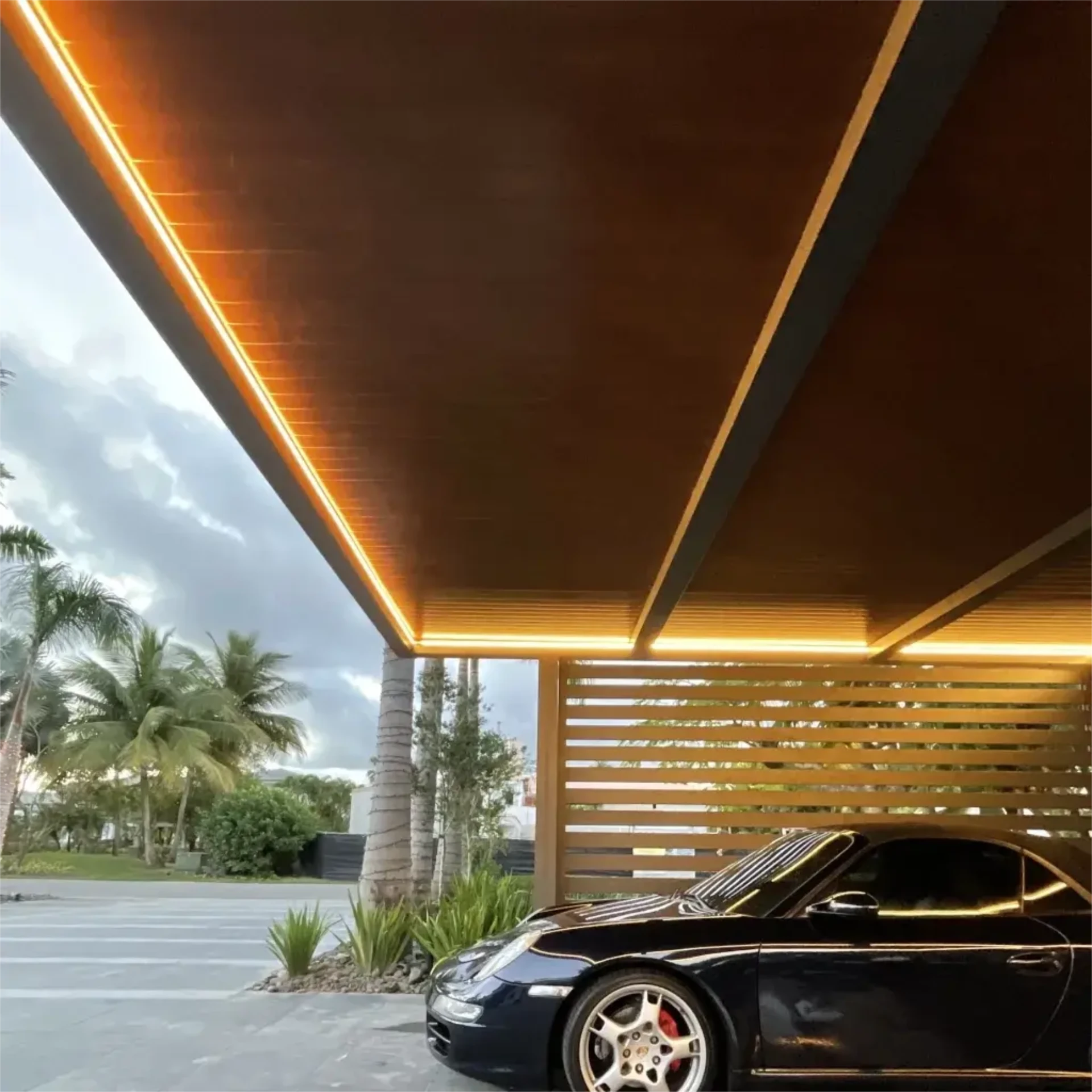 Side view of a gray bronze r car led strip wood grain with lighting