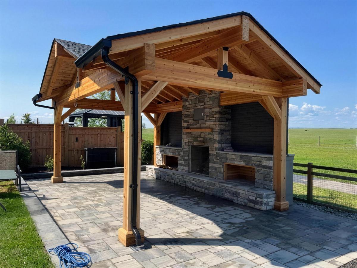 Timber frame pergola pavilion with stone fireplace on an acreage near Calgary, AB