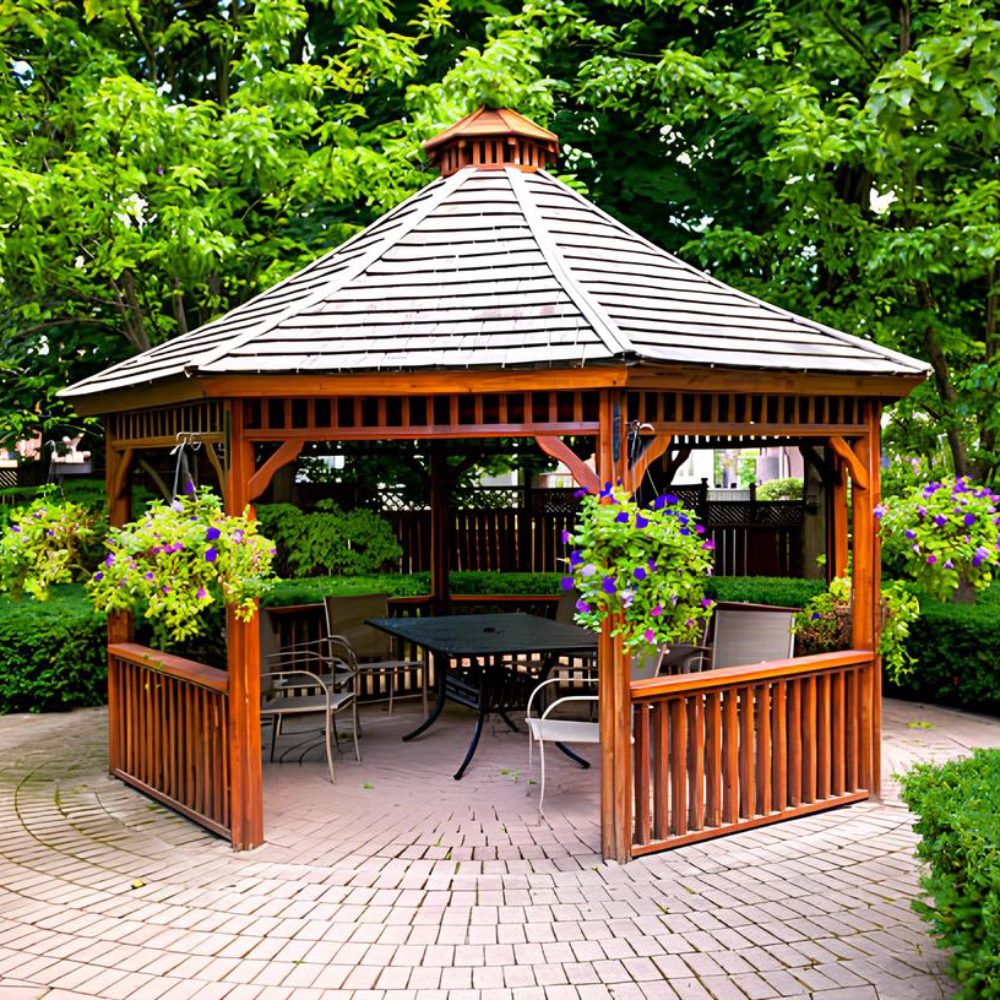 Traditional gazebo with a lot of trees on the outside and have a table and chairs inside