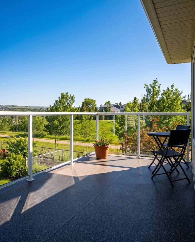 Beige vinyl membrane balcony deck with a valley view in Calgary